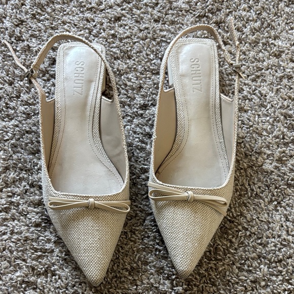 SCHUTZ Violetta Offwhite Pointed Toe Slingback Flats with Bow Size 7 - Picture 3 of 10